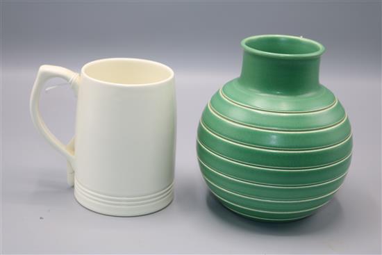 Keith Murray for Wedgwood matt green ribbed vase and a similar cream ground mug